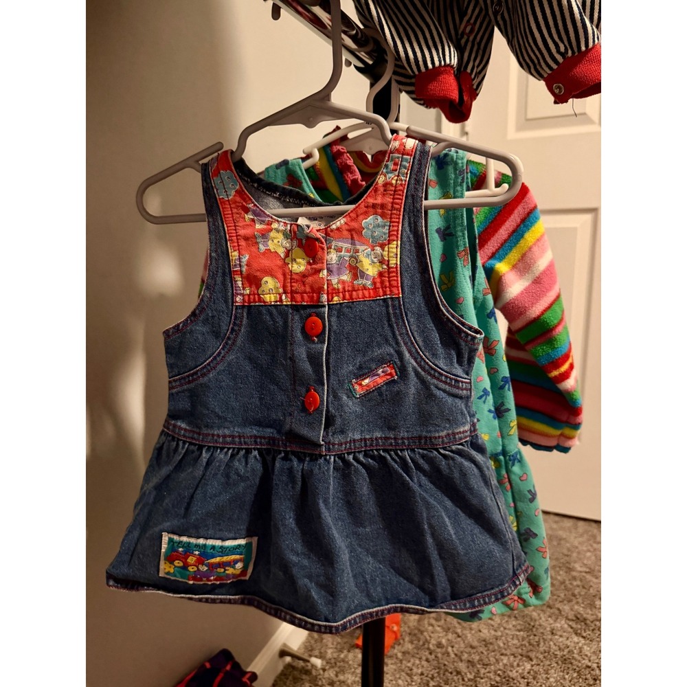 Vintage Calabash Denim Jumper Dress Red Storybook Print 12 Months Cotton